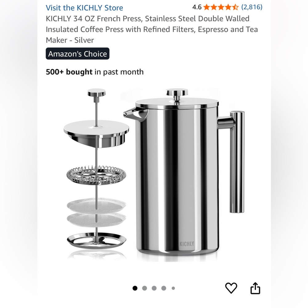 Kichly 34 oz Stainless Steel French Press Coffee Maker - Silver